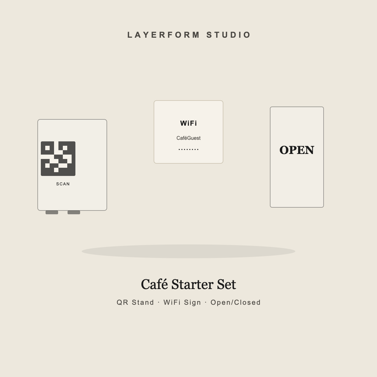 Café Starter Set bundle — QR stand, WiFi sign, and open/closed sign by LayerForm Studio