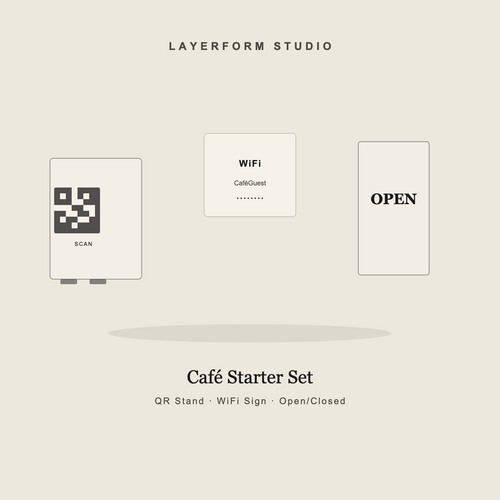 Café Starter Set bundle — QR stand, WiFi sign, and open/closed sign by LayerForm Studio