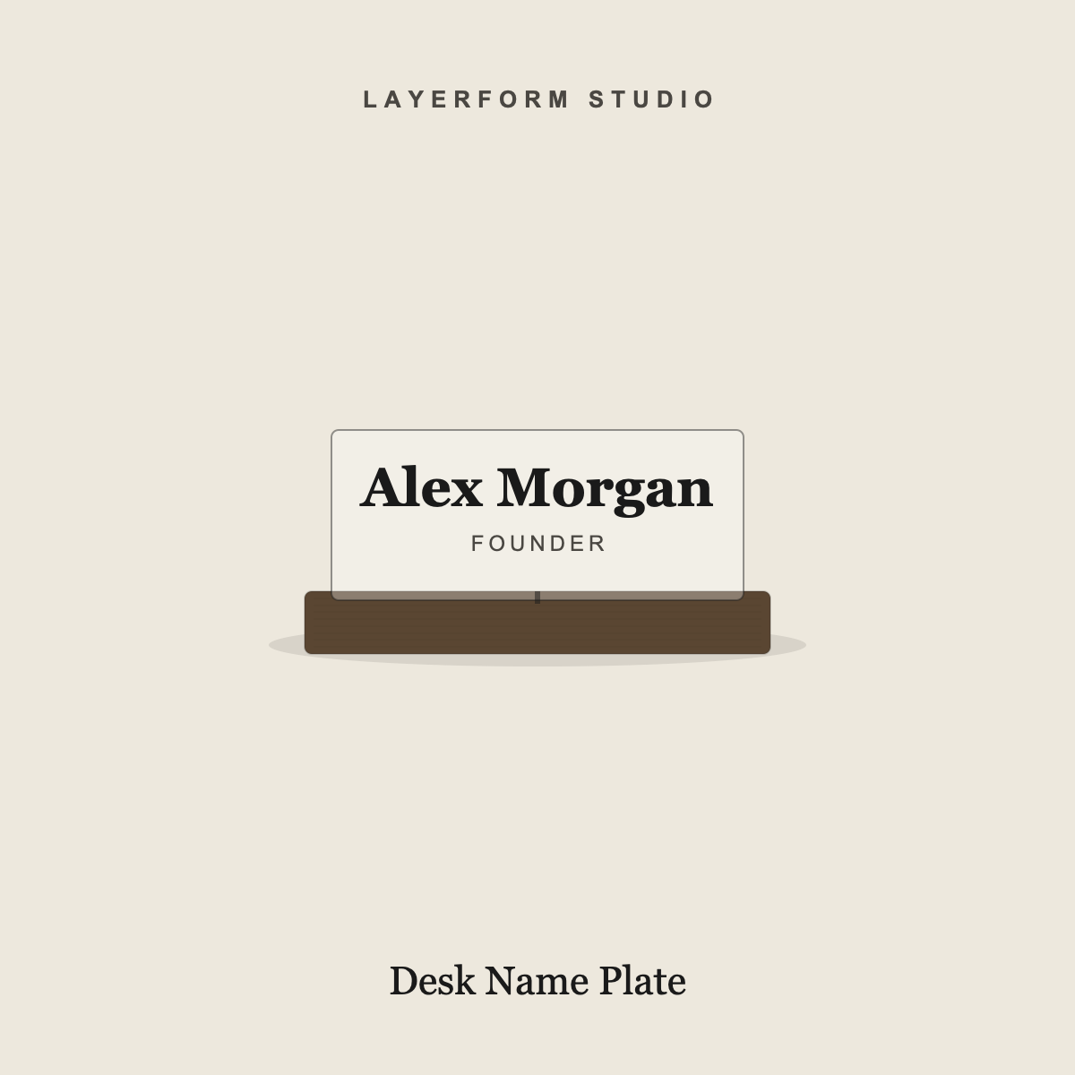 Walnut and acrylic custom desk name plate by LayerForm Studio