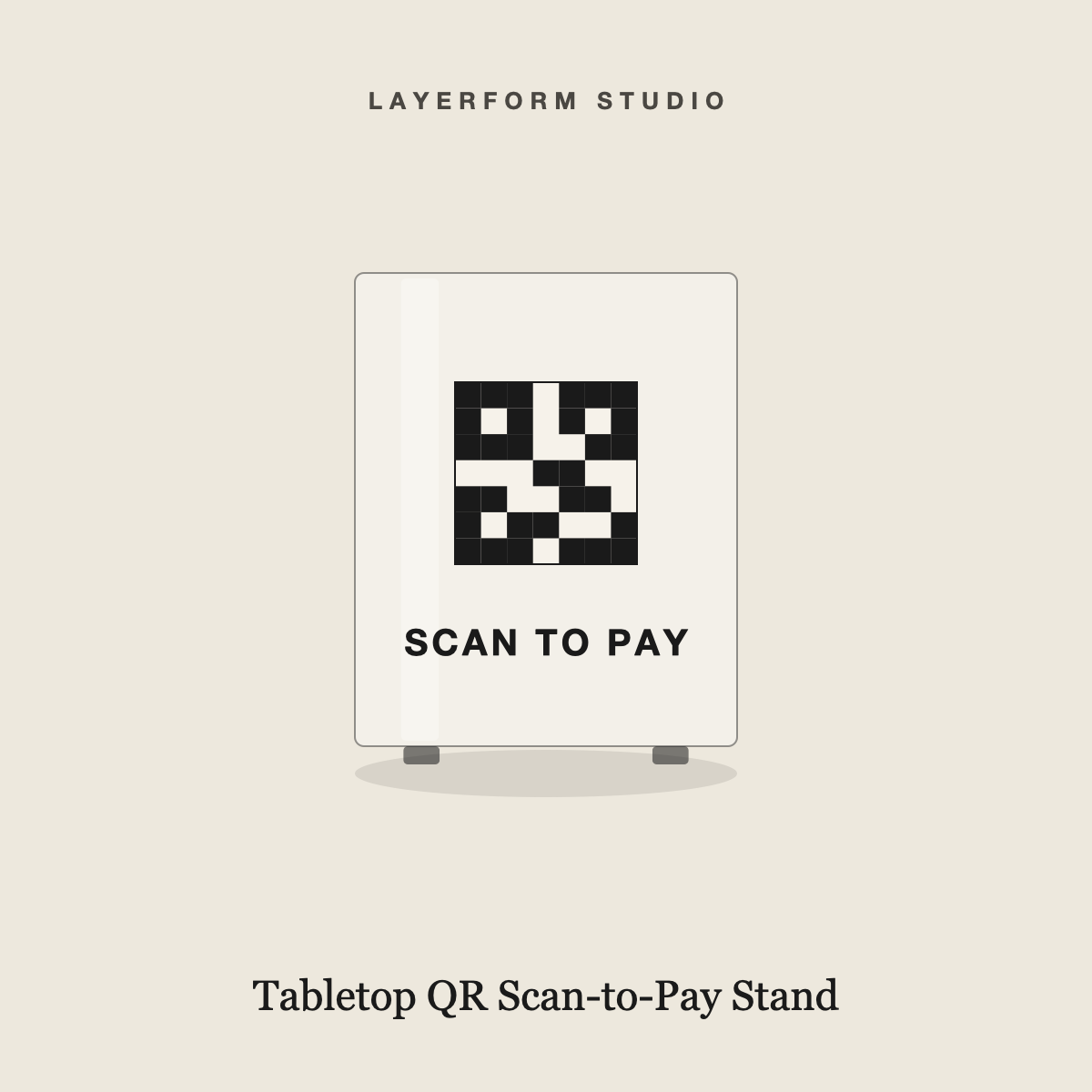 Clear acrylic tabletop QR scan-to-pay stand engraved by LayerForm Studio
