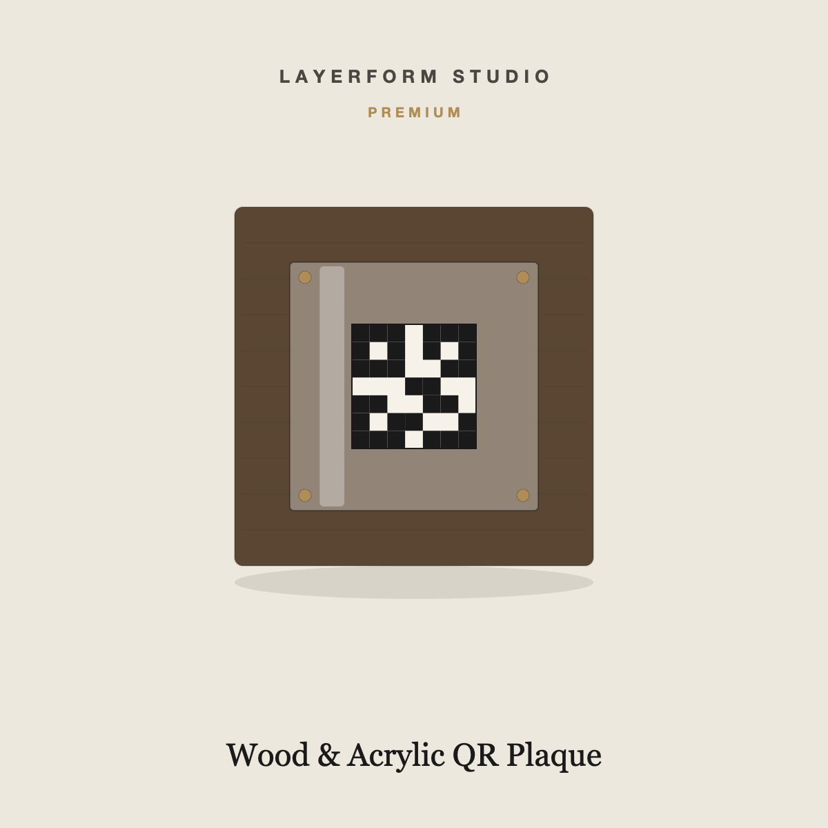 Premium walnut and acrylic QR plaque with brass standoffs by LayerForm Studio